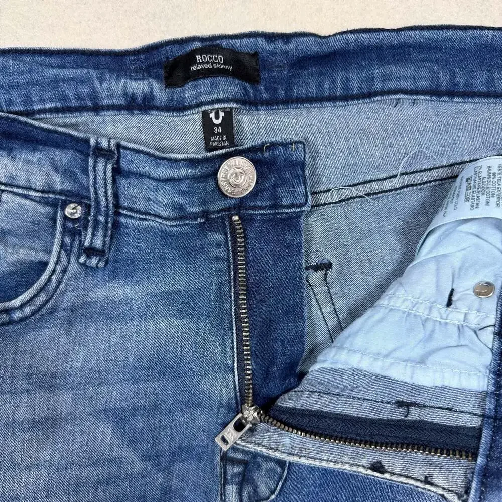 True Religion Jeans Mens 34 (Fits 34x33) Blue Rocco Skinny Moto Biker Denim